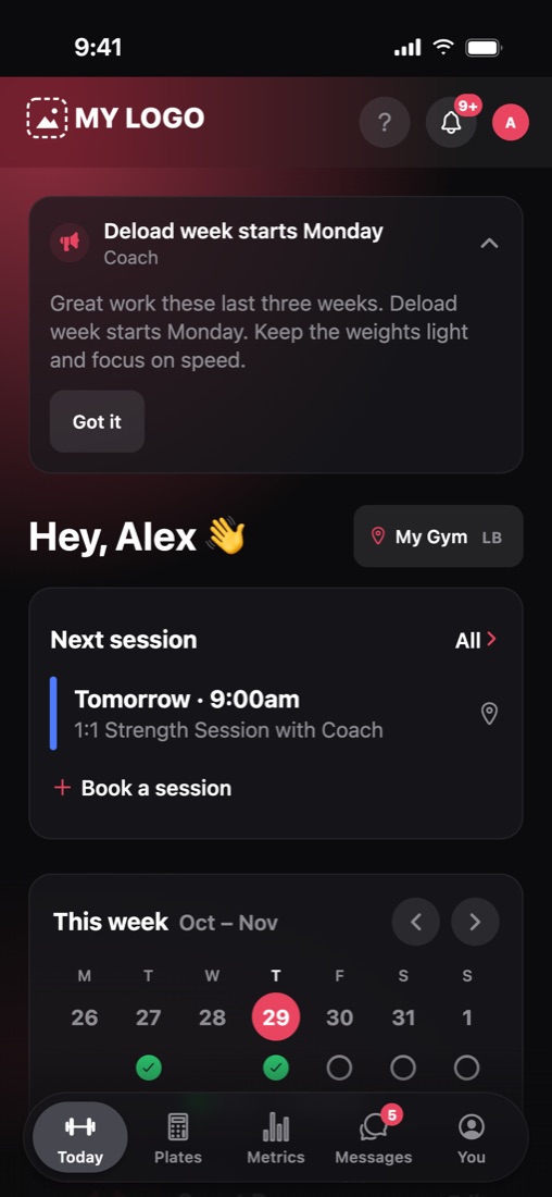A coach's announcement at the top of a client's Today screen
