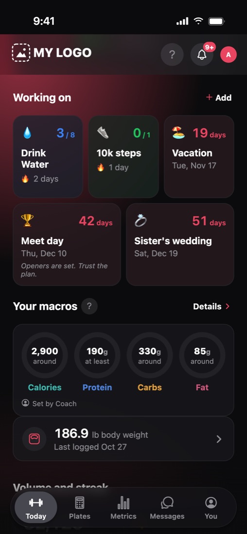 A client's habits, countdowns and macros on Today