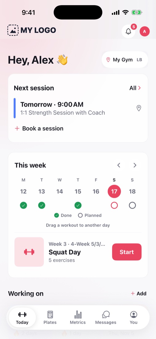 A client's Today screen in light mode