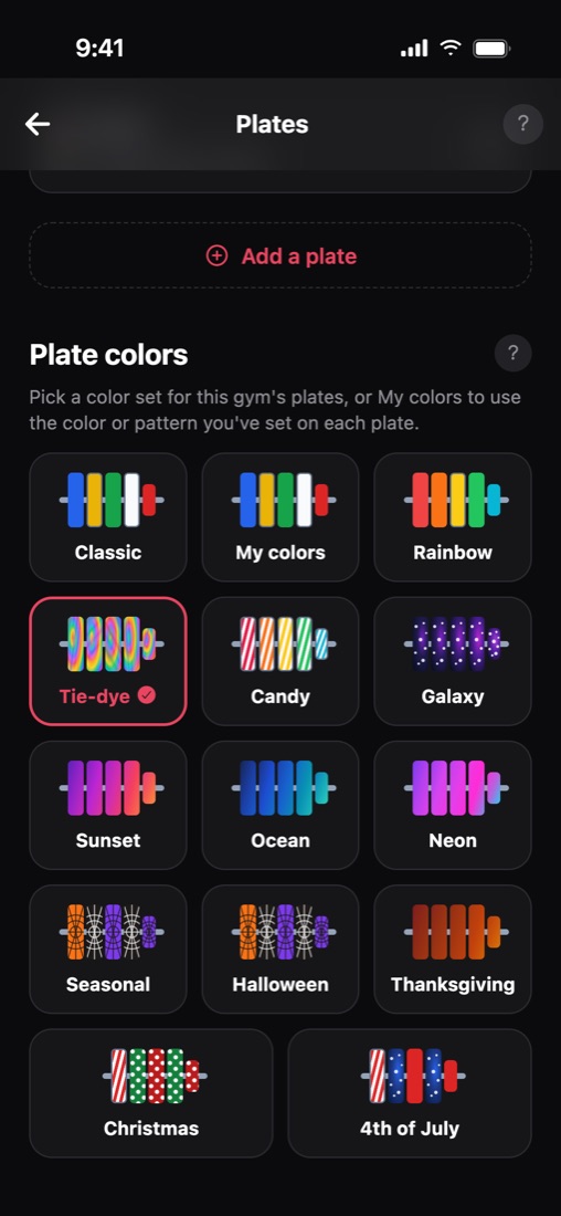 Choosing a plate color theme for a gym