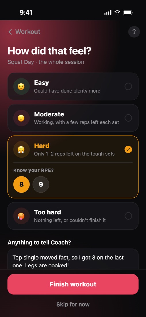 Rating a workout Hard, RPE 8, with a note for the coach