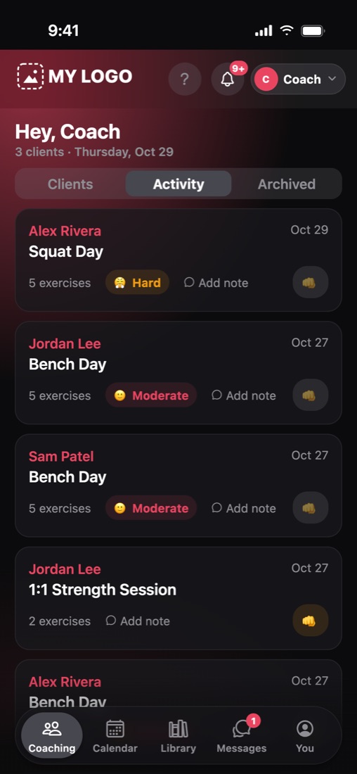 The coach's activity feed with each workout's effort rating