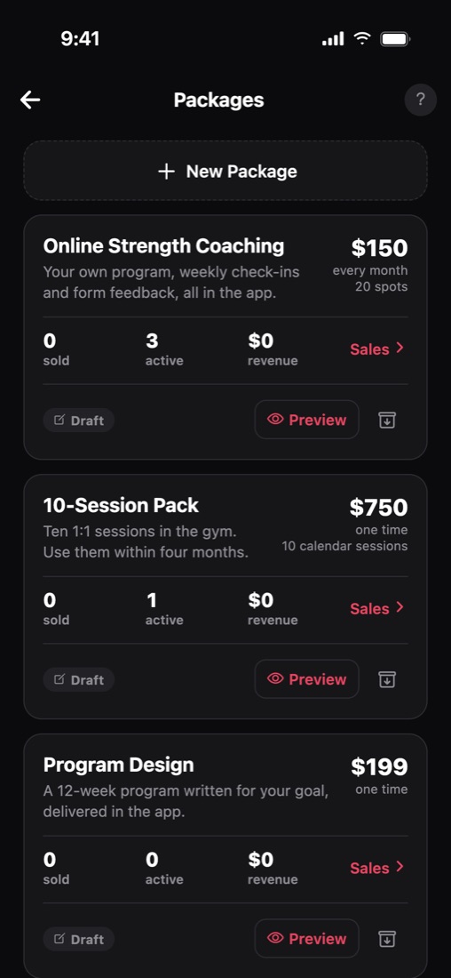Packages and sales pages in the Load It app