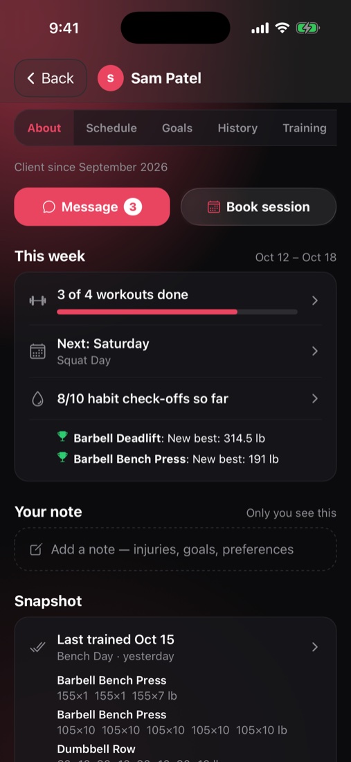 A client's page with this week's workouts and new bests